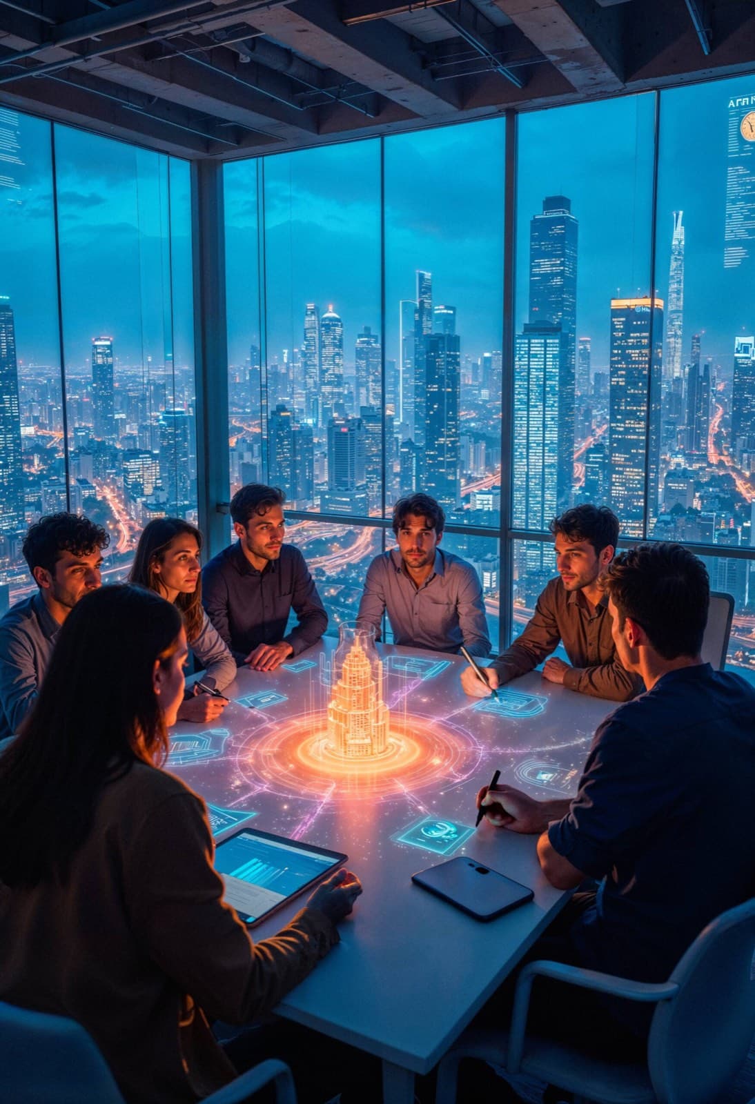 Futuristic business meeting with digital table and cityscape view