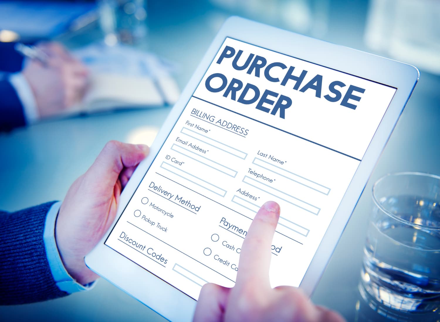 Purchase order form on a clipboard
